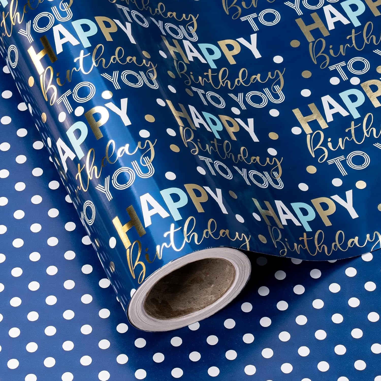 Reversible Birthday Wrapping Paper - Mini Roll - 17 Inch X 9.8 Feet - Blue And Gold Foil Happy Birthday Wrapping Paper For Boys, Men, Kids, Baby Shower