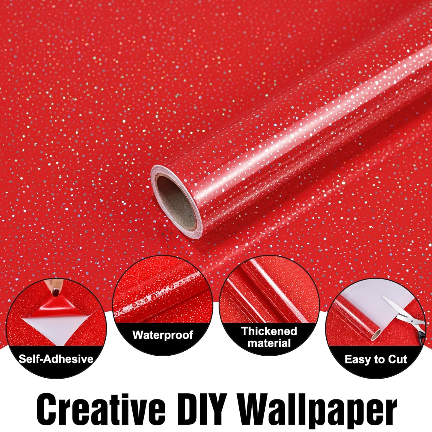 Holographic Glitter Red Contact Paper - 15.7”X78” Sparkle Peel And Stick Wallpaper, Self-Adhesive Waterproof Vinyl Film For Kitchen Countertops, Cabinets, Furniture, Removable & Easy To Clean