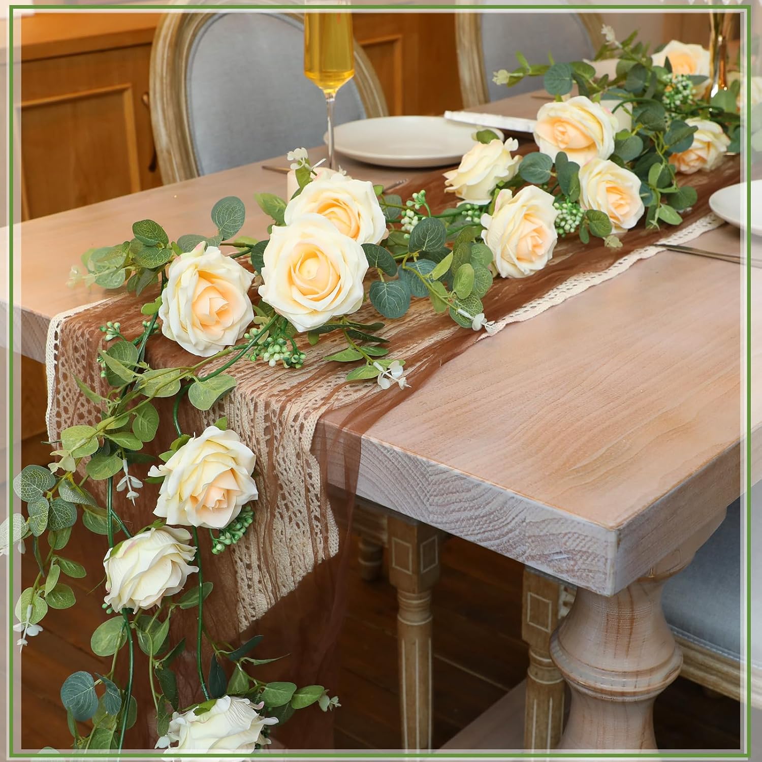 4 Pack 26 Ft Artificial Eucalyptus Vines Garland With Flowers Fake Floral Flower Garland Rose Wreath For Wedding Party Arch Table Decor Backdrop Decorations(Champagne)