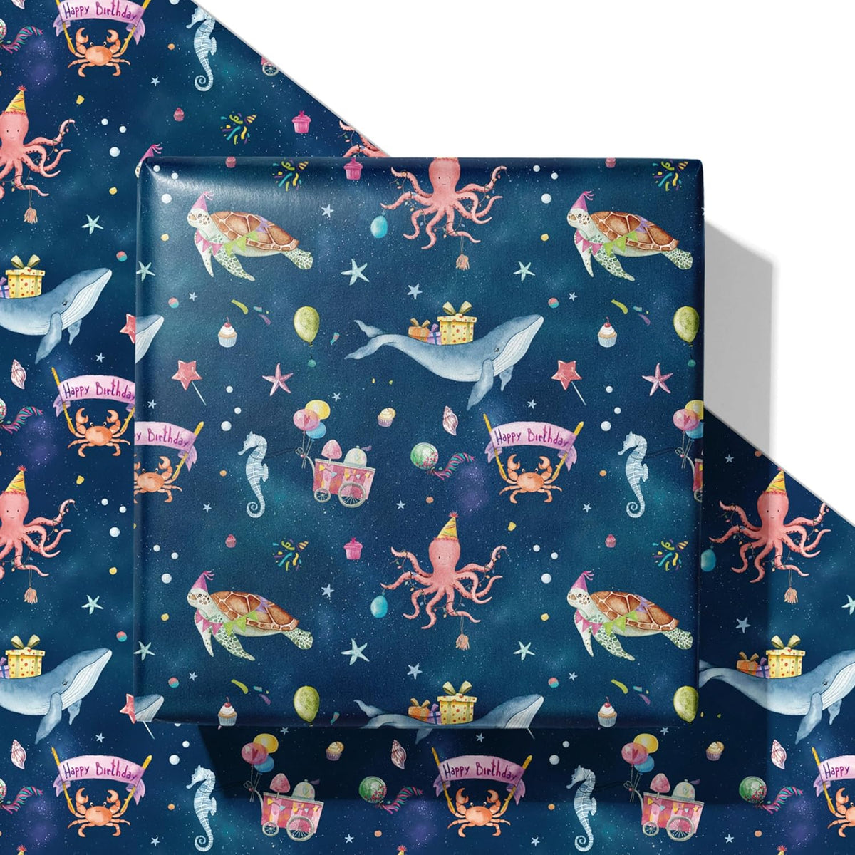 Ocean Birthday Wrapping Paper For Boys Girls Kids - Navy Blue Gift Wrap With Whales, Octopus, Seahorse And Happy Birthday On Galaxy Design For B-Day Baby Shower - 40×28 Inches, 4 Sheets
