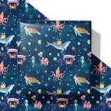 Ocean Birthday Wrapping Paper For Boys Girls Kids - Navy Blue Gift Wrap With Whales, Octopus, Seahorse And Happy Birthday On Galaxy Design For B-Day Baby Shower - 40×28 Inches, 4 Sheets