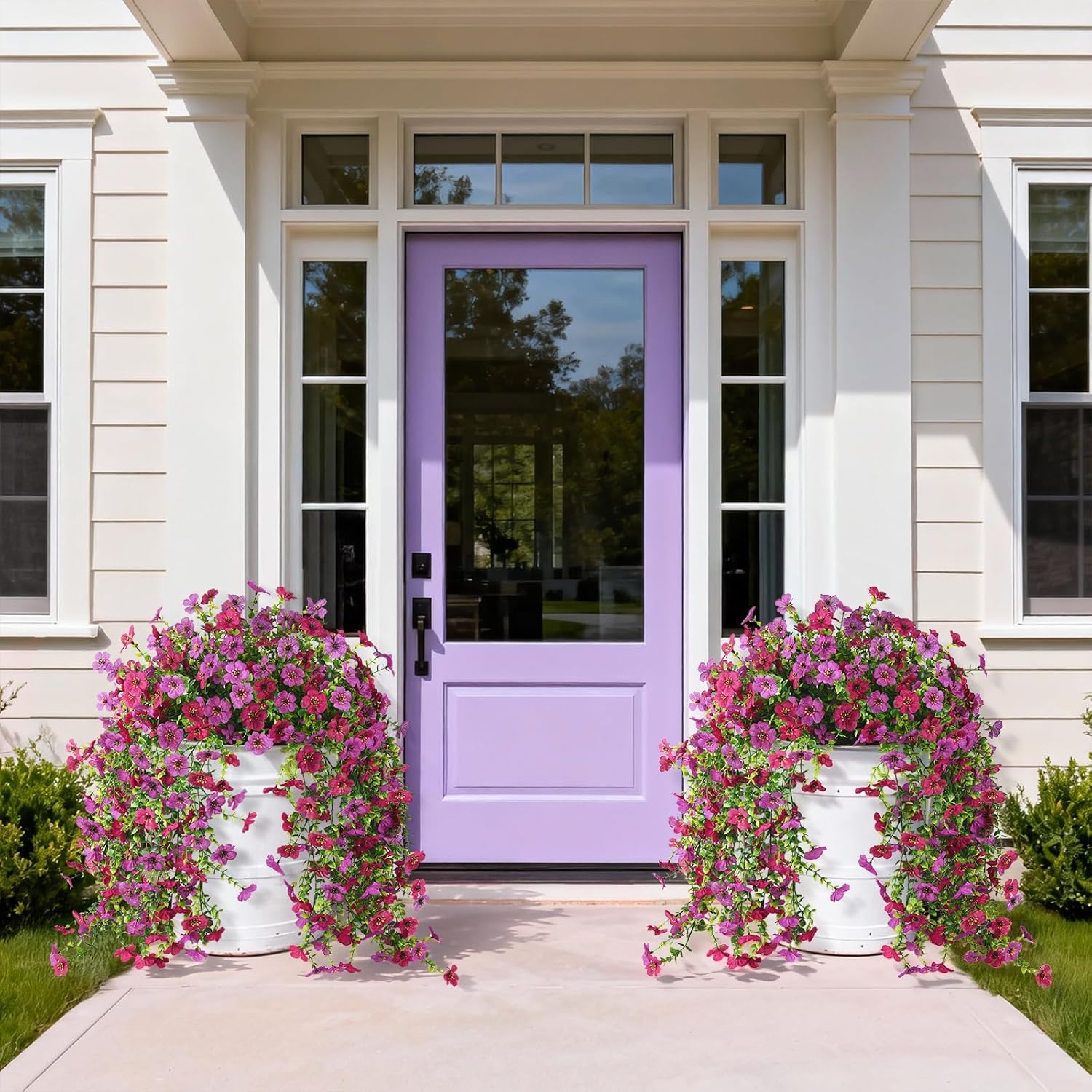 Artificial Hanging Flowers For Outdoor, 2Pcs Fake Flowers Faux Silk Daisy With Eucalyptus Leaves, Uv Resistant Aritificial Flowers For Spring Home Patio Yard Porch Decor (Light Purple Red)