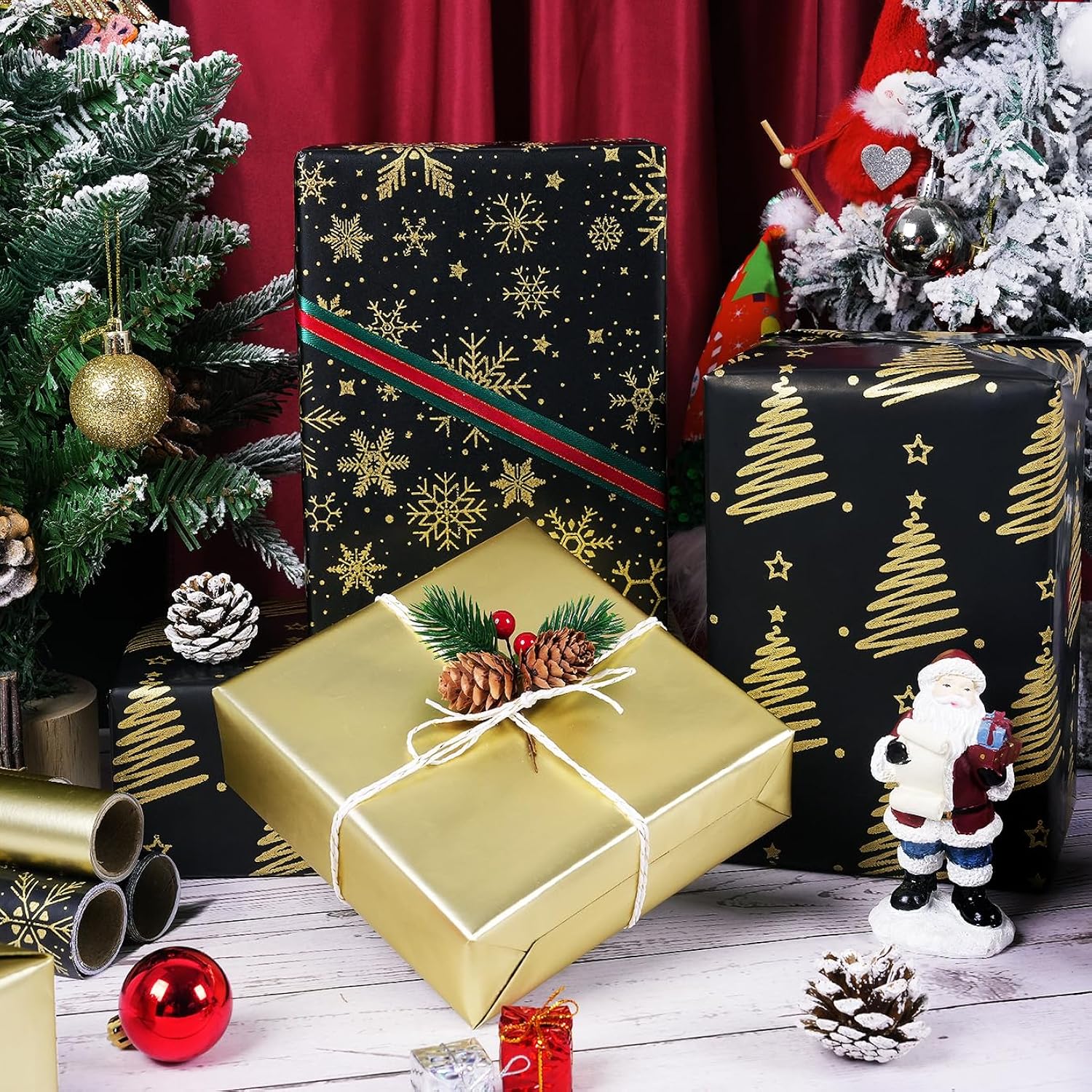 Christmas Wrapping Paper Rolls, Mini Roll - 3 Rolls Black And Gold Xmas Wrapping Paper, Gold Foil Christmas Trees And Snowflake Wrapping Paper For Xmas, New Year, Winter Holiday, Party, 17 X 120 Inch Each Roll