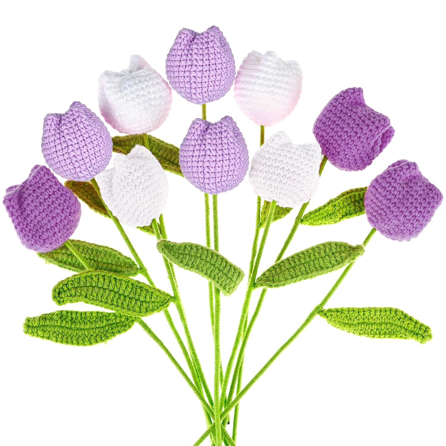 10 Pcs Crochet Tulips Flowers Artificial Flowers Bouquet Finished Handmade Knitted Tulip Bouquets With Leaf And Long Stem For Home Centerpieces Decor Valentine'S Day Wedding Anniversary