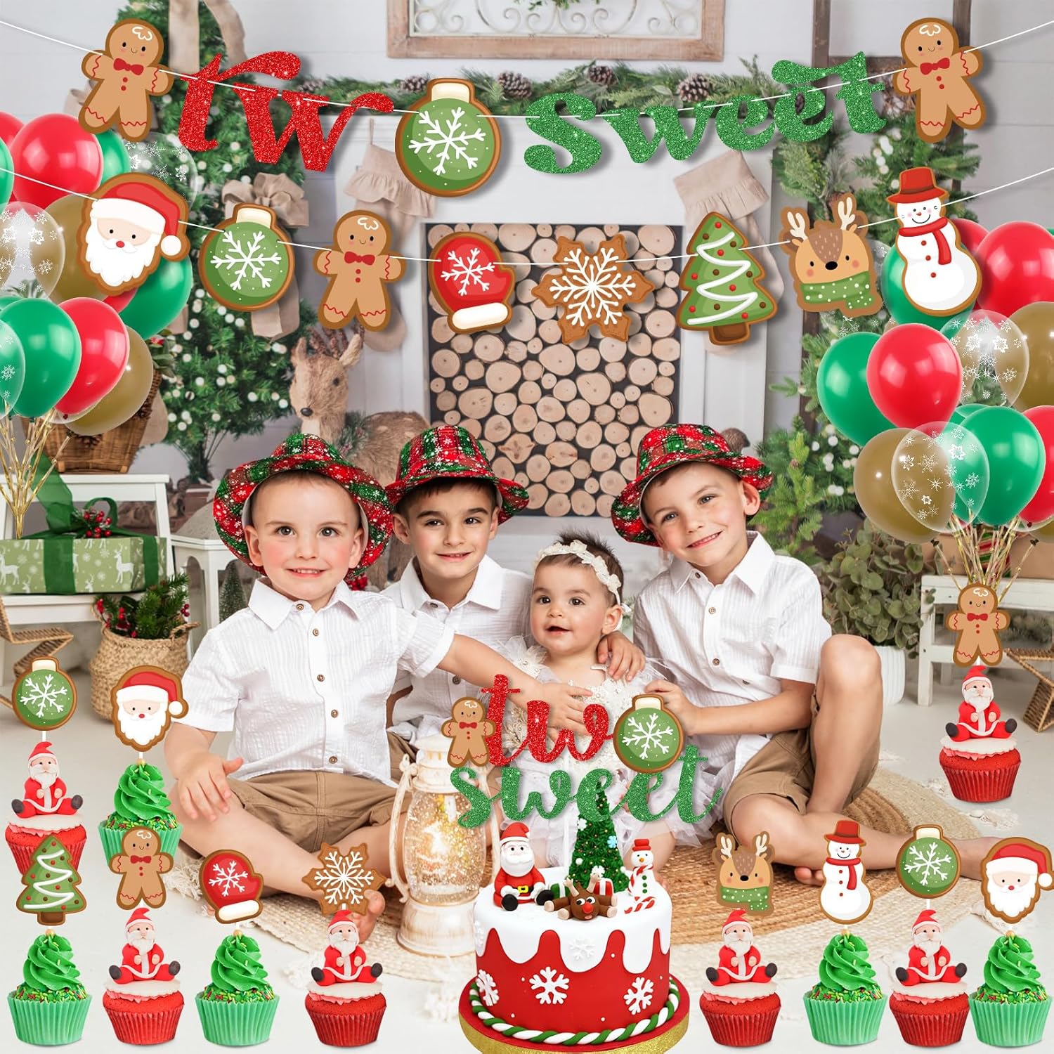 Christmas Gingerbread Man 2Nd Birthday Party Decor, Santa Claus Candy Xmas Ball Two Sweet Banner Snowman Elk Cake Topper Snowflake Latex Balloons For Second Birthday Party Supplies