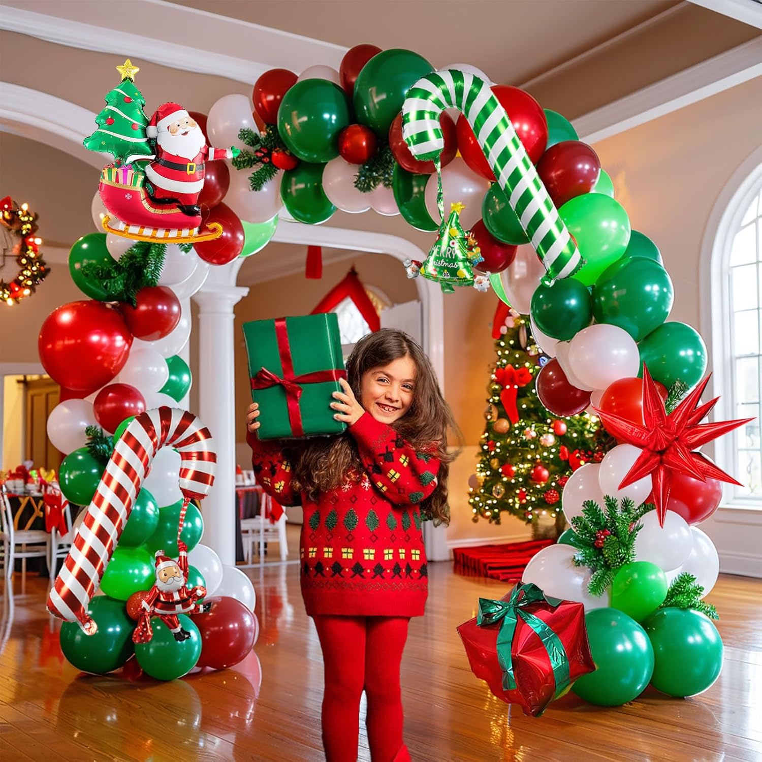 Merry Christmas Green Red White Balloon Garland Arch Set 117Pcs With Christmas Tree Santa Candy Cane Star Cookie Mylar Balloons For Winter Friendsmas New Year'S Eve Decoration
