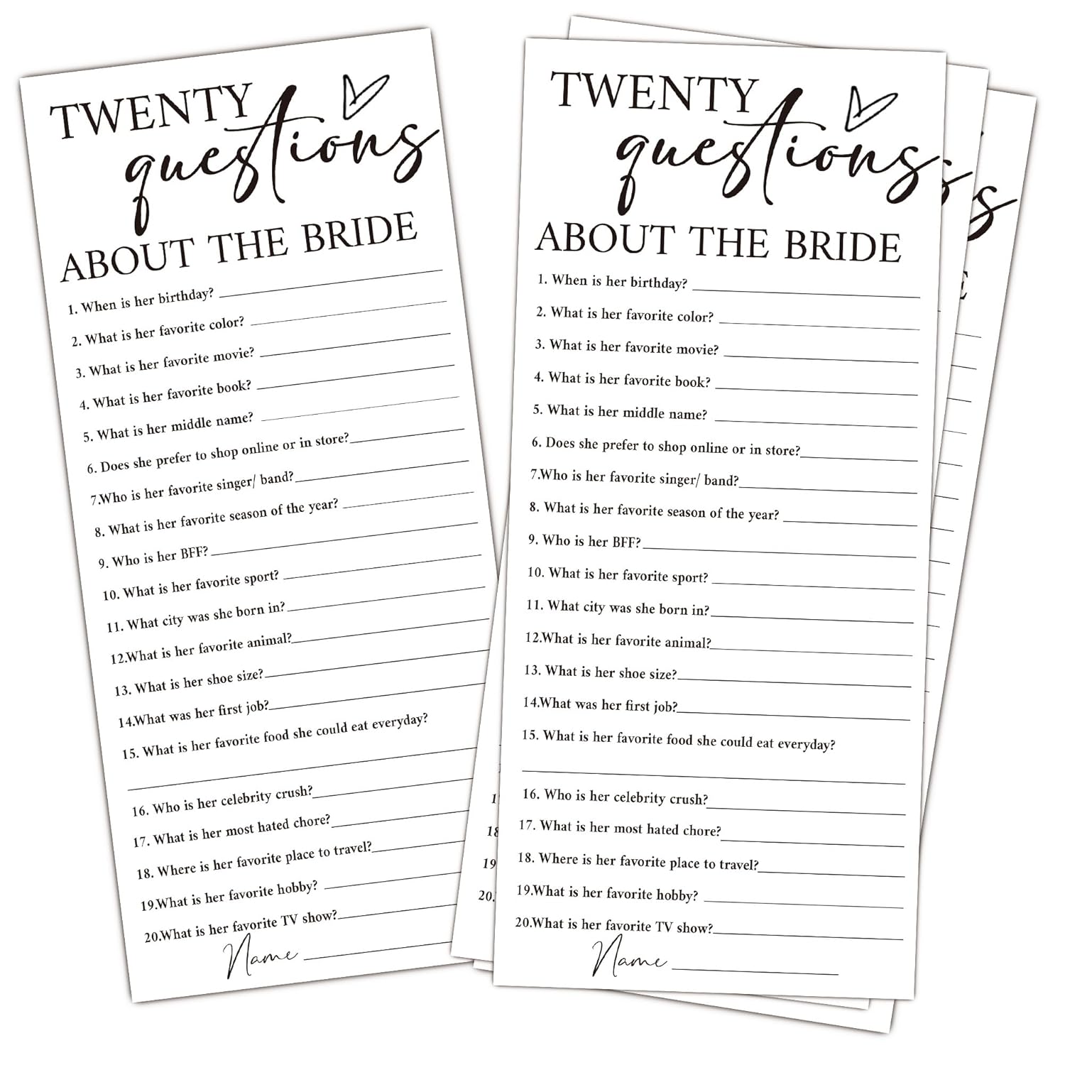 Minimalist White Wedding Shower Games Cards, Twenty Questions, Bridal Shower Games, Engagement Party Wedding Card For 25 Guests, Bridal Party Supplies 4X9Inch-A12