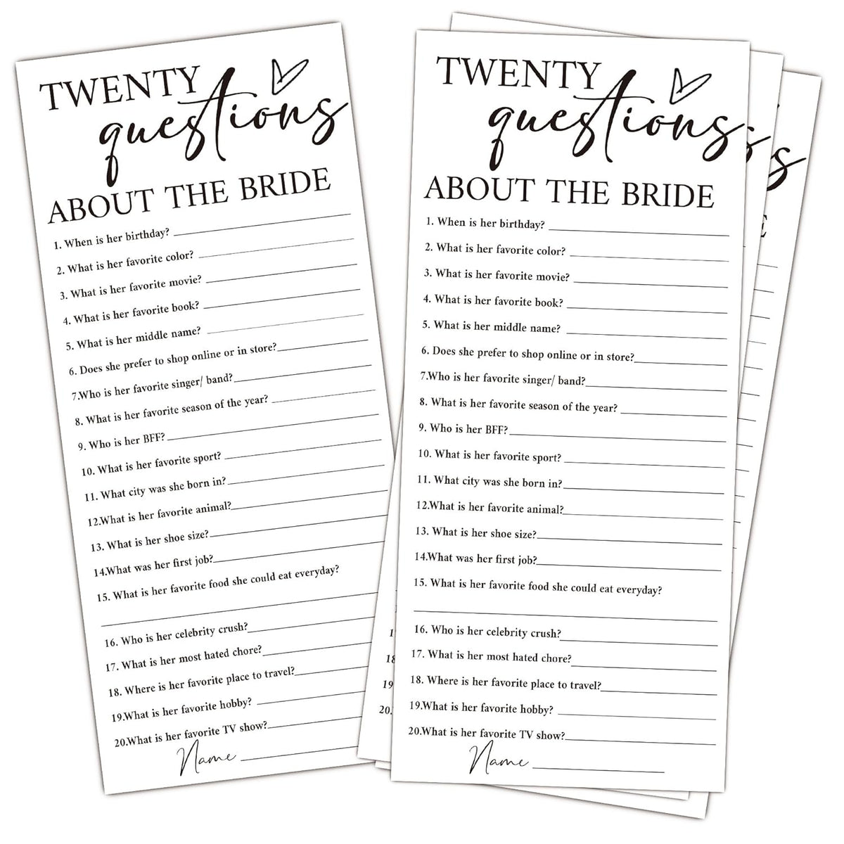 Minimalist White Wedding Shower Games Cards, Twenty Questions, Bridal Shower Games, Engagement Party Wedding Card For 25 Guests, Bridal Party Supplies 4X9Inch-A12