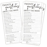 Minimalist White Wedding Shower Games Cards, Twenty Questions, Bridal Shower Games, Engagement Party Wedding Card For 25 Guests, Bridal Party Supplies 4X9Inch-A12