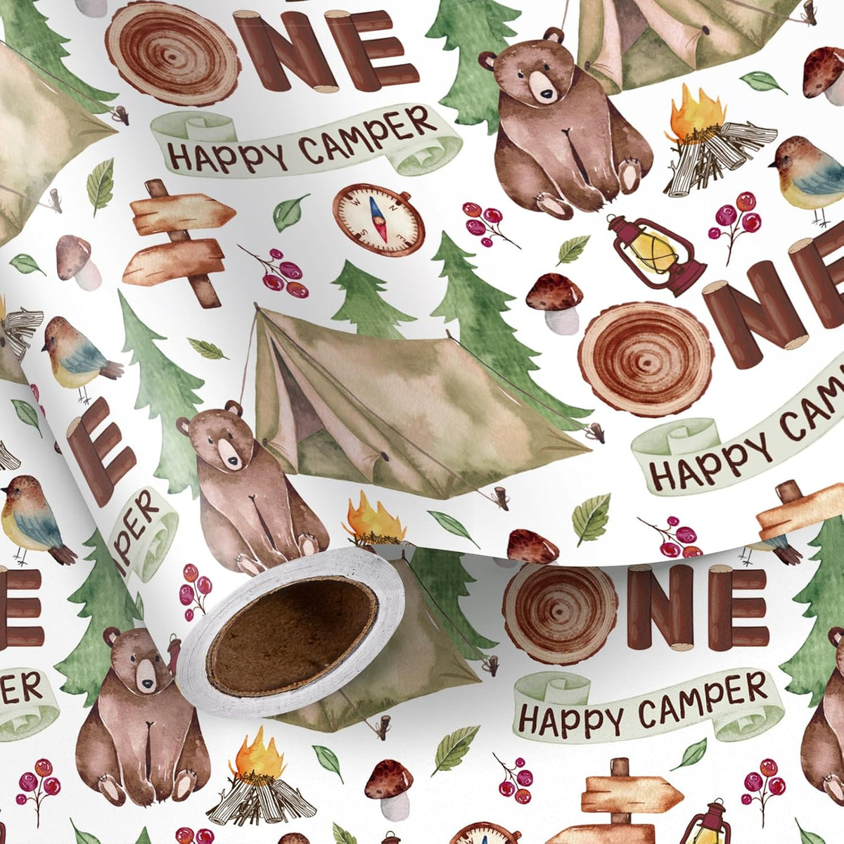 1St Birthday Wrapping Paper Roll For Boys,One Happy Camper Tent Bear Forest Icons, Age1 Gift Wrap For Baby 1St Birthday Party, Baby Shower, Mini Roll 17 Inches X 16.4 Feet