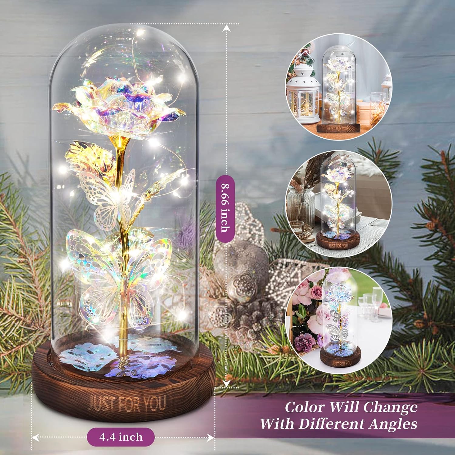 Valentines Day Gifts For Her, Light Up Rose Butterfly In Glass Dome, Birthday Anniversary Flowers Lighted Roses Gifts For Women,Wife,Mom, Grandma,Girlfriend,Girls,Sister-Silver