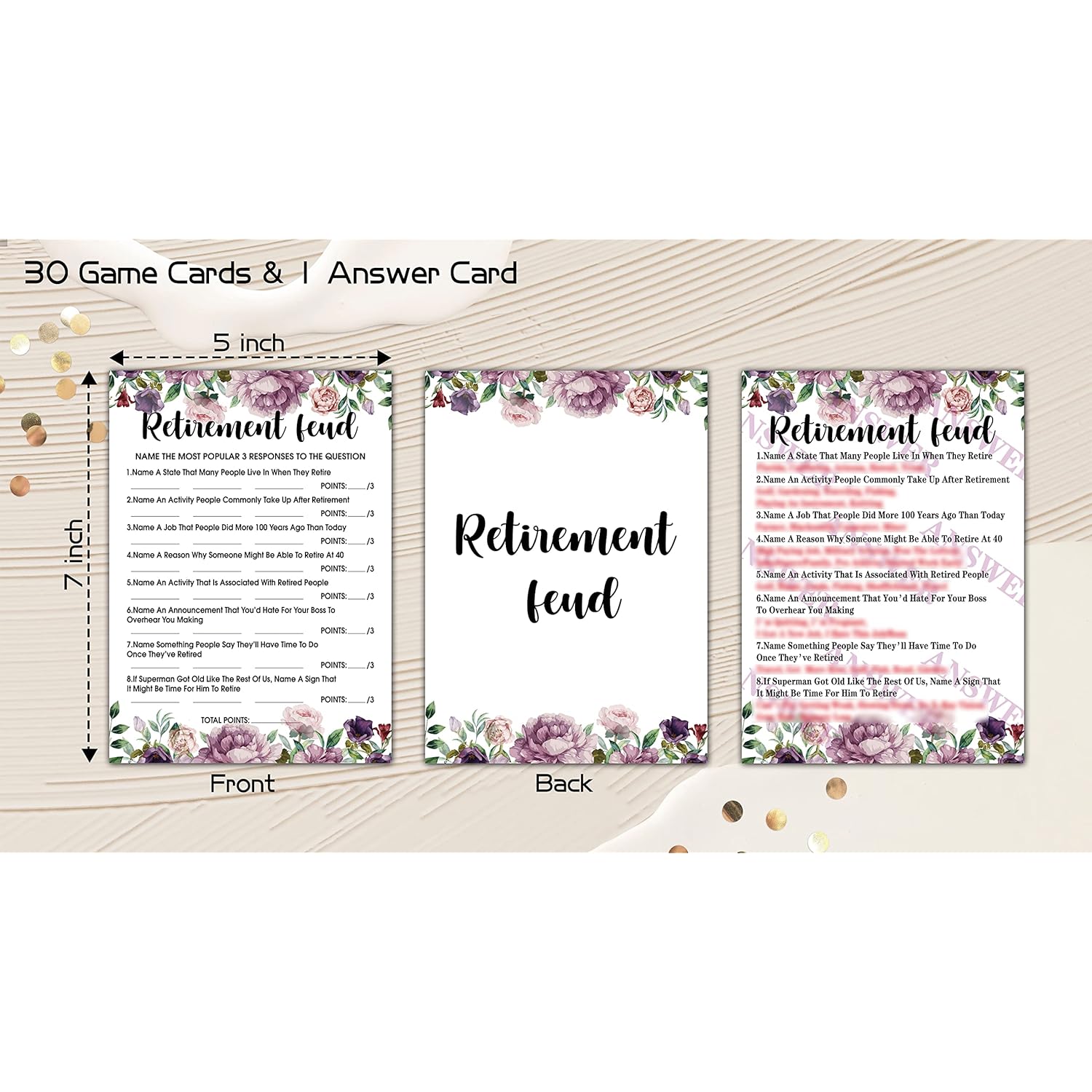 Retirement Feud Co-Worker Party Game - Purple Floral Retirement Ideas Activities Supplies Decorations (30 Game Cards & 1 Answer Card) - B06