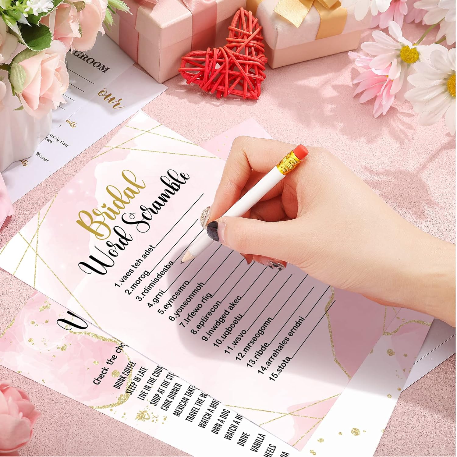 220 Pieces Bridal Shower Games Cards Bridal Shower Games Supplies Including Wedding Cards And 20 Pcs Pencils For Bride And Groom Supplies Bachelorette Party Wedding Shower Party Favor (Pink And Gold)