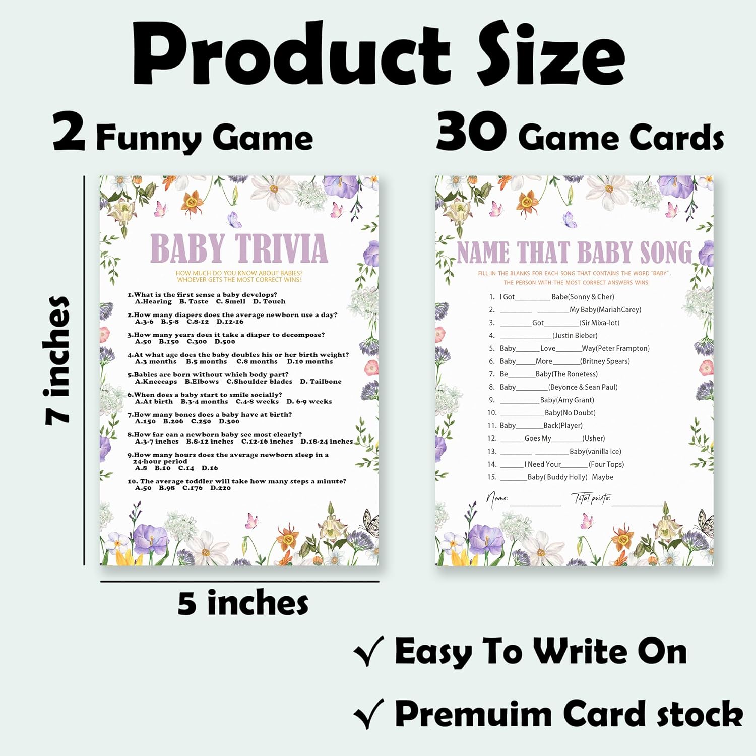 Flowers Baby Shower Games - Name That Baby Song & Trivia - 30 Can Be Used On Both Sides Game Cards & 1 Answer Card For Boys & Girls-Gender Reveal Activity, Party Favors & Decorations - B02