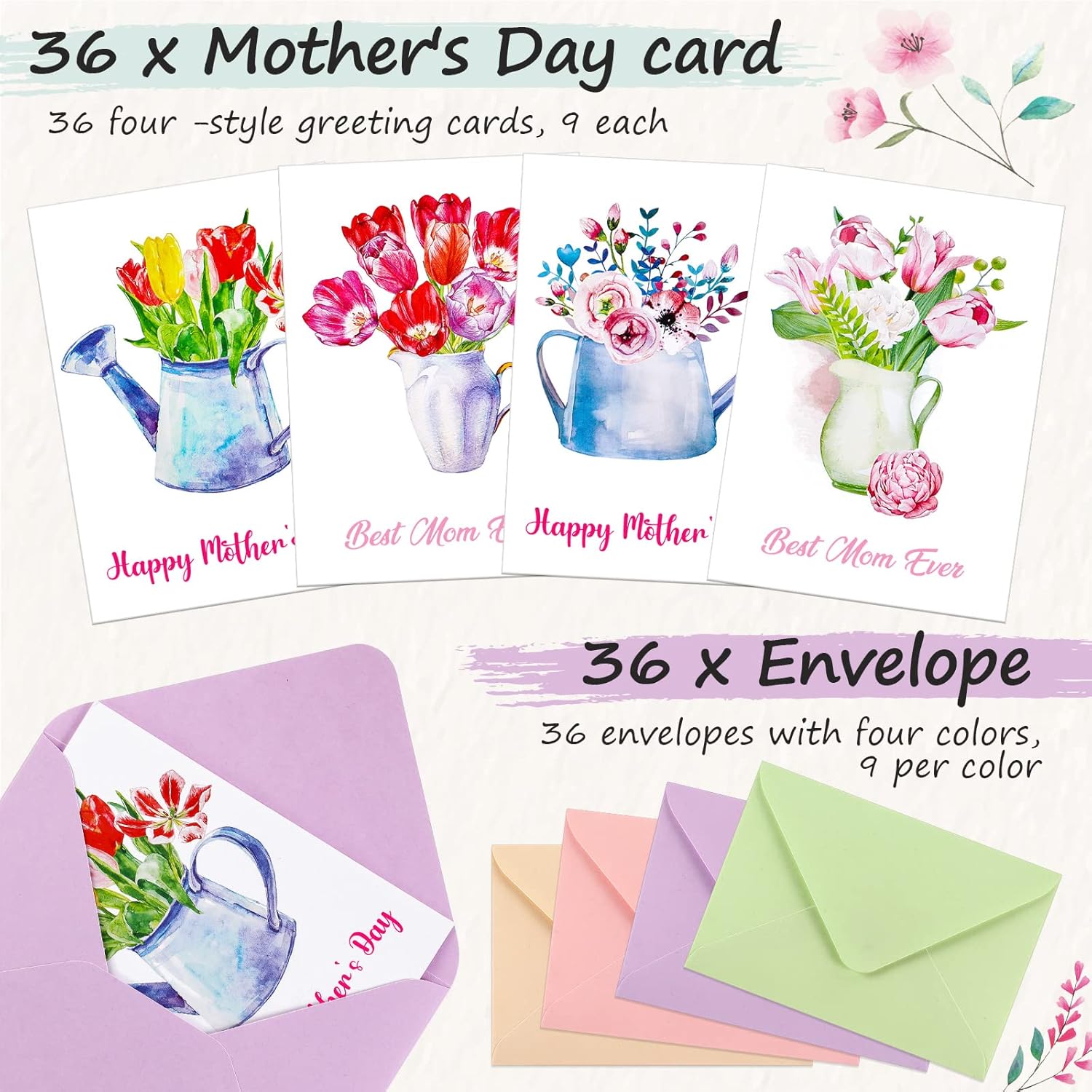 36 Sets Mother'S Day Card Bulk 4 X 5.5 Inch Assorted Floral Cards And Envelopes Small Note Cards Loving Greeting Wish Cards Blank Notecards For Mother'S Words