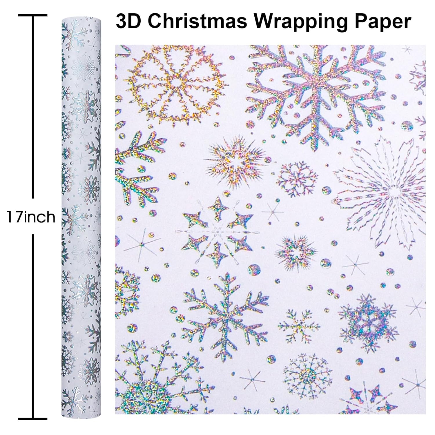 3D Kraft Christmas Wrapping Paper Roll, Silver Glitter Snowflake Wrapping Paper, Classy Flakes Snowflake Silver Christmas Gift Wrap For Winter Holiday, Festive Celebration (17 Inch X 33 Feet)