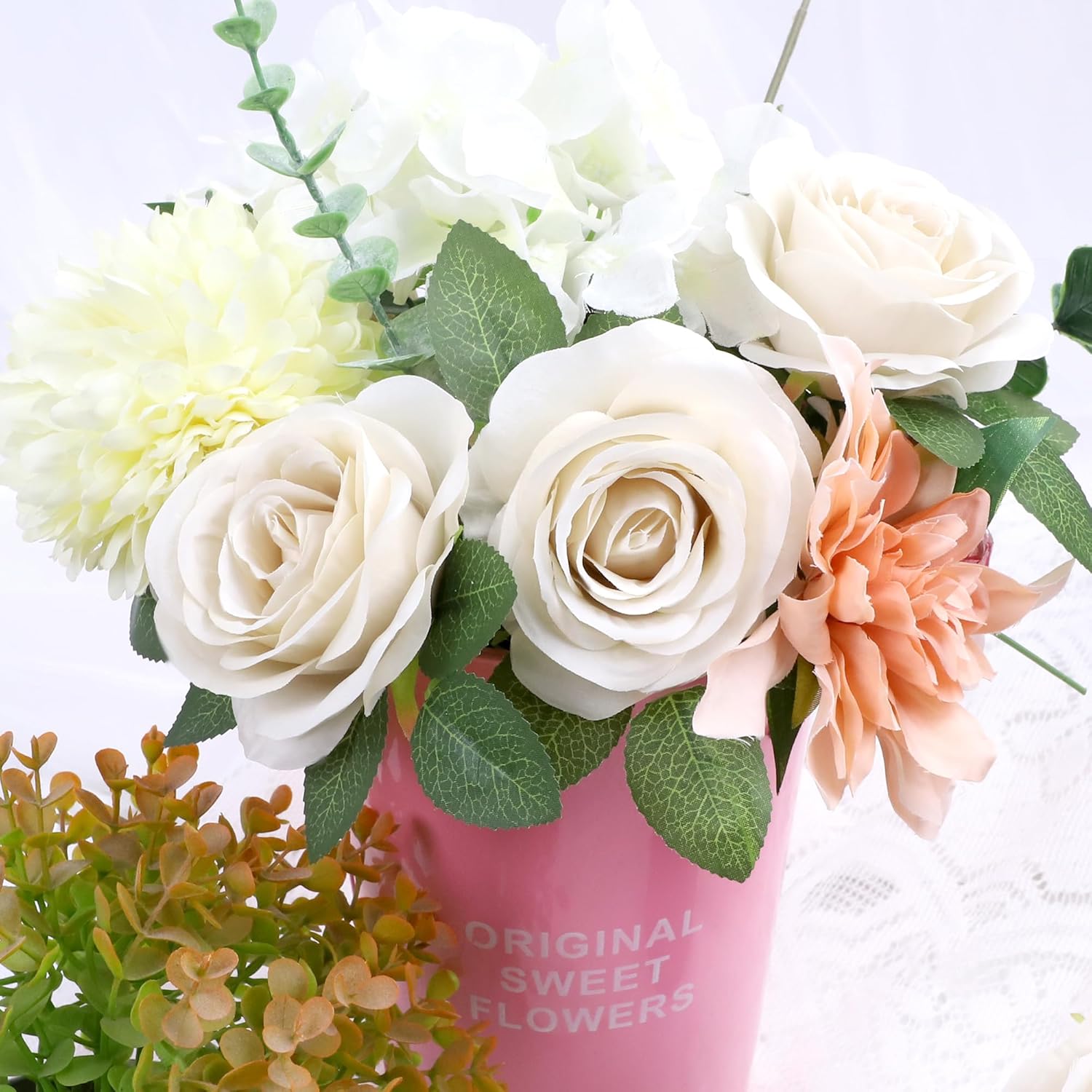 Artificial Flower Fake Rose Silk Rose 16Pcs Real Looking Fake Flowers With Stems For Diy Wedding Bouquets Tables Centerpieces Floral Arrangements Festival Decoration (Beige)