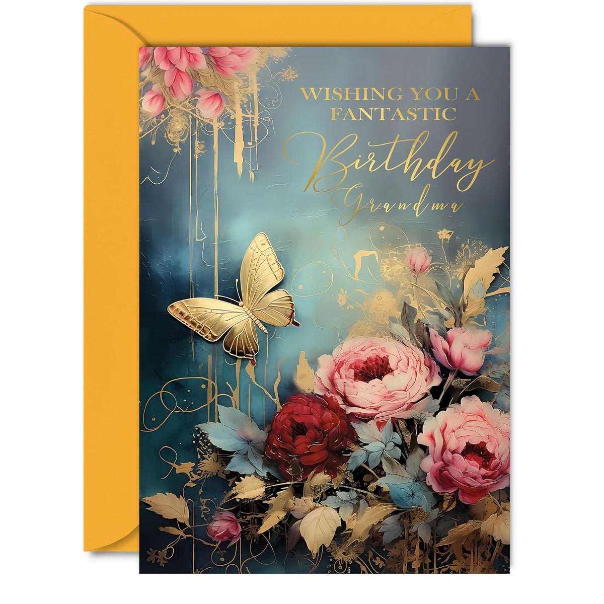 Beautiful Gold Birthday Cards For Grandma - Wonderful Golden Butterfly - Elegant Traditional Pretty Birthday Card For Grandma From Granddaughter Grandson, A5 Gran Gorgeous Greeting Cards Gift
