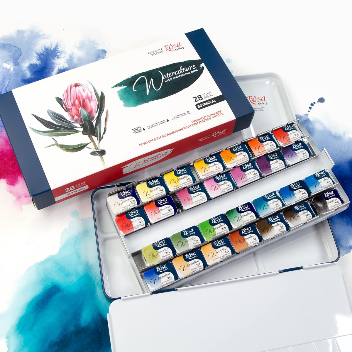 Botanical Watercolor Paint Set, Vibrant Kit Designed By Professional Artists, Washable, High Lightfastness Pigments, Made In Ukraine, Packed In Metal Paint Box, 28 Ct.