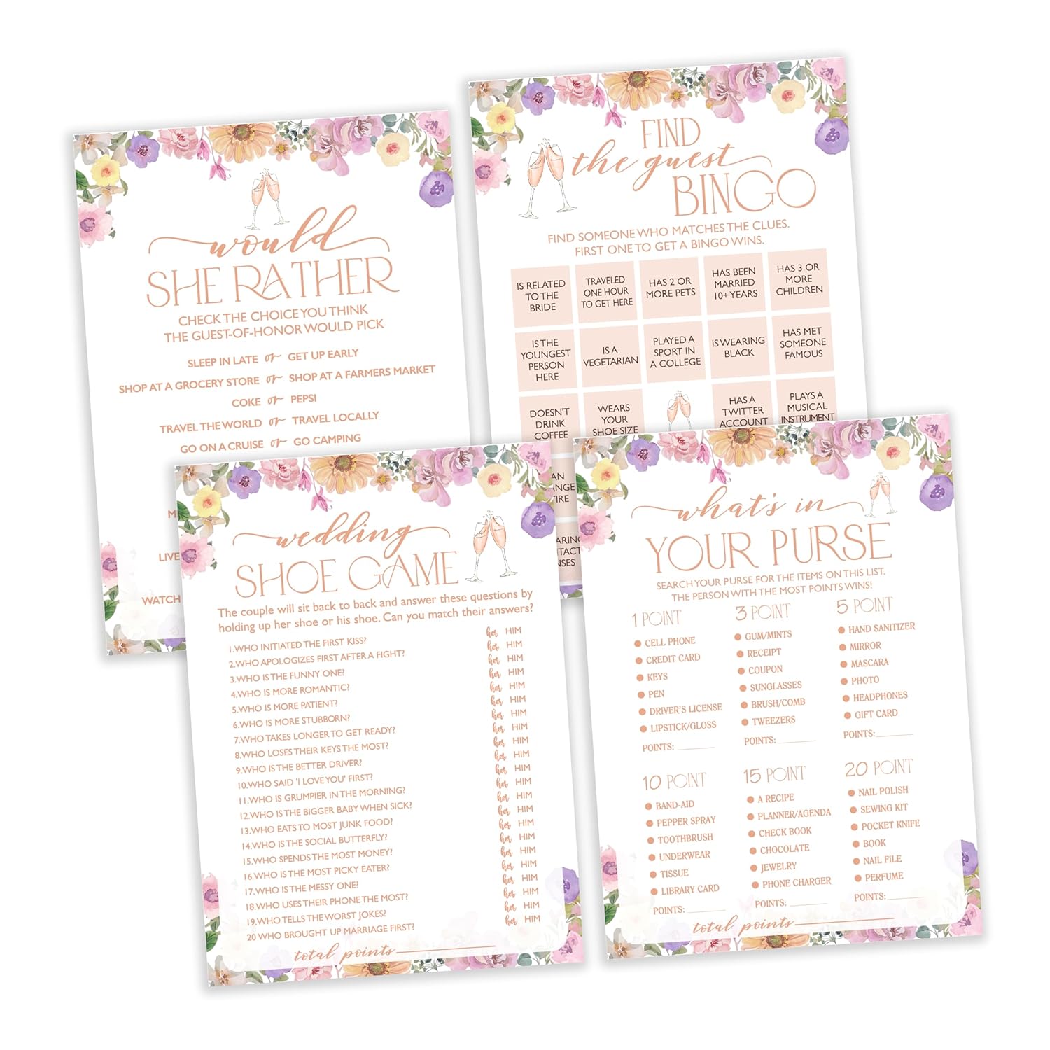 Bridal Shower Game, Find The Guest Bingo, Wedding Shoe, What'S In Your Purse, Would She Rather, 4 Games For 25 Guests, Engagement Party Supplies, Wedding Favors -Set01