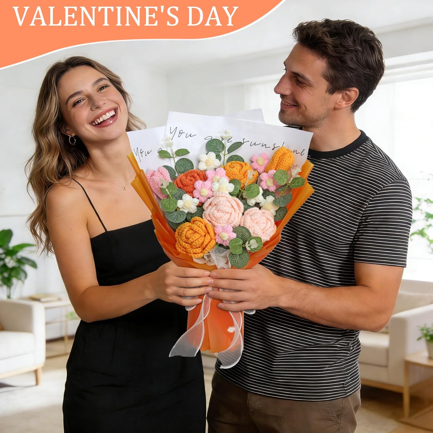 Crochet Flower Bouquet, Orange Hand Knitted Artificial Flowers With Crochet Tulip Rose For Valentine'S Day, Wedding, Anniversary, Birthday, Gift For Lover Girlfriend Wife Mother Women