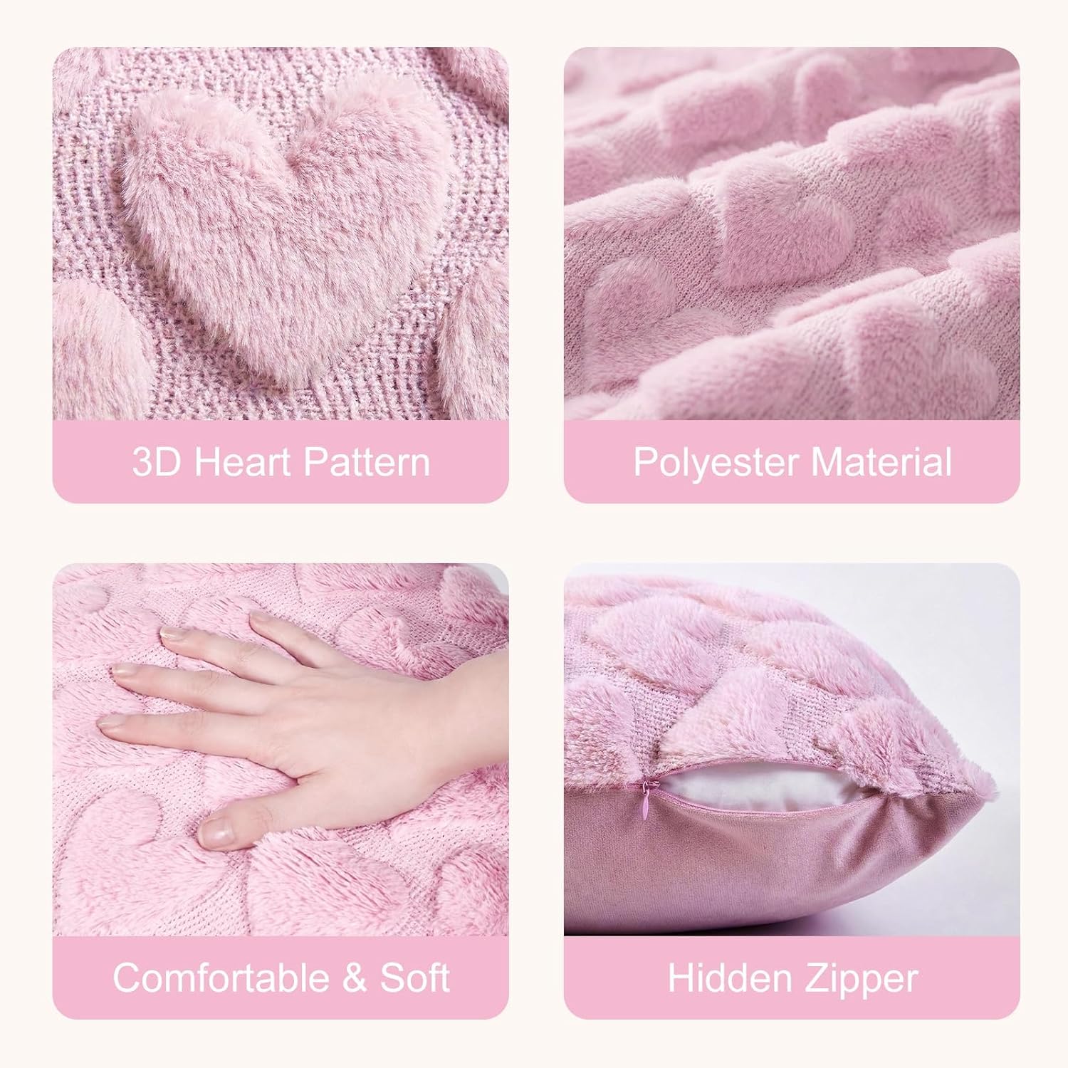 Valentines Pillow Covers 18X18 Inch Set Of 2, Valentines Day Decorations Pink Soft Plush Faux Fur Jacquard Heart Throw Pillow Covers For Couch Sofa Home Office Living Room Bedroom Decor (Pink)