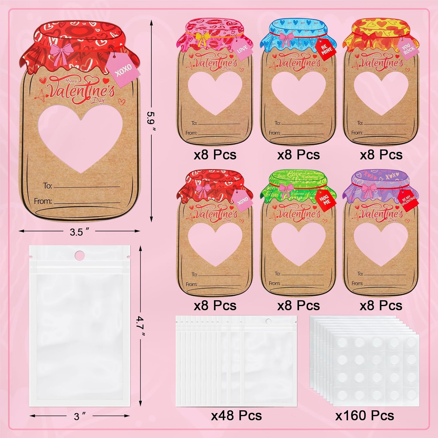 48 Pack Valentines Cards For Kids, Mason Jar Valentines Day Cards Candy Holder Valentine Gifts For Classroom School Exchange Party Favors (Candy Not Included)