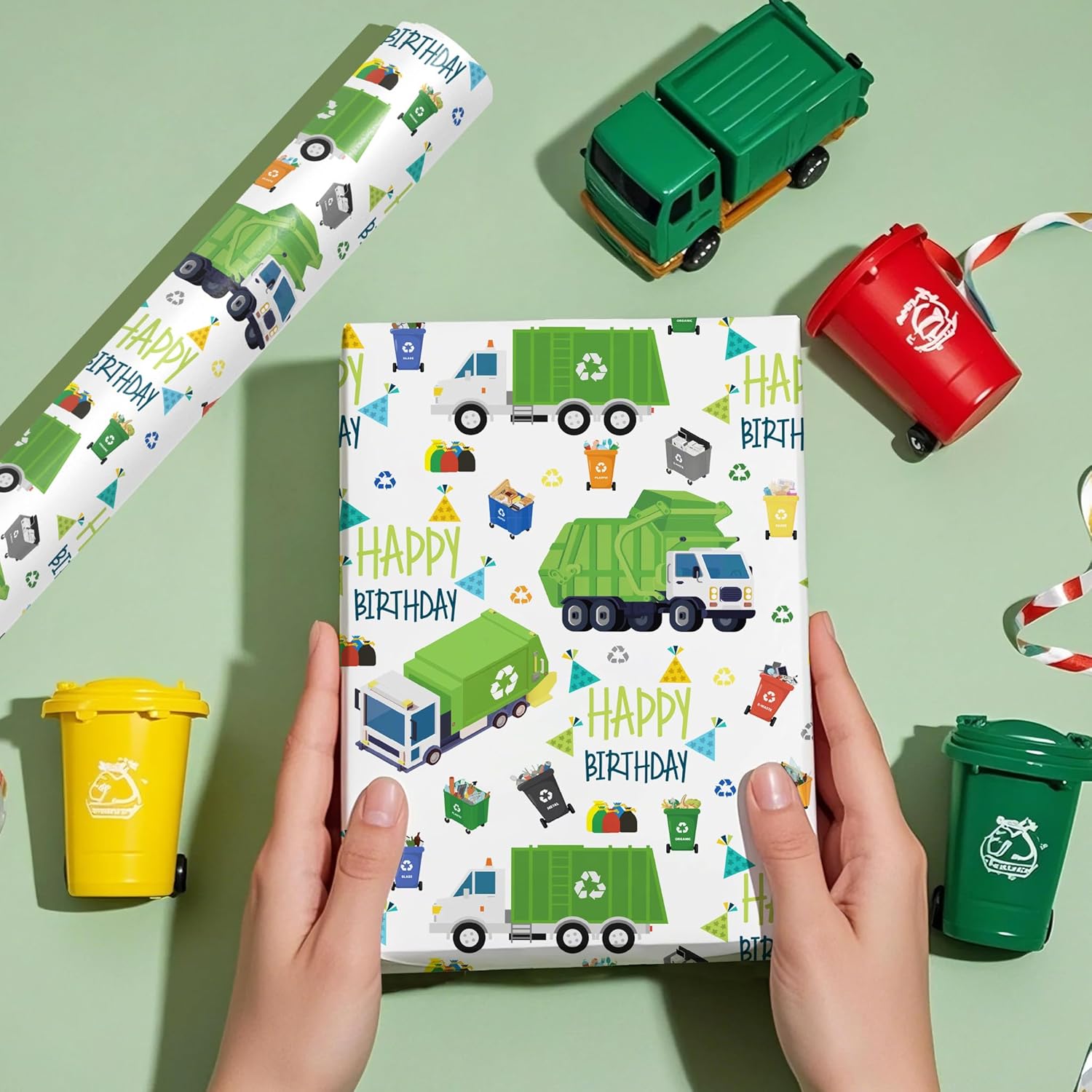 Garbage Truck Wrapping Paper - Mini Roll - 17 Inch X 16.5 Feet - Garbage Truck Happy Birthday Wrapping Paper For Kids Boys, Baby Shower, Car Lover