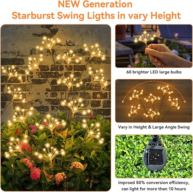 2 Pack Solar Swaying Starburst Lights Warm White Waterproof Firework Garden Lights