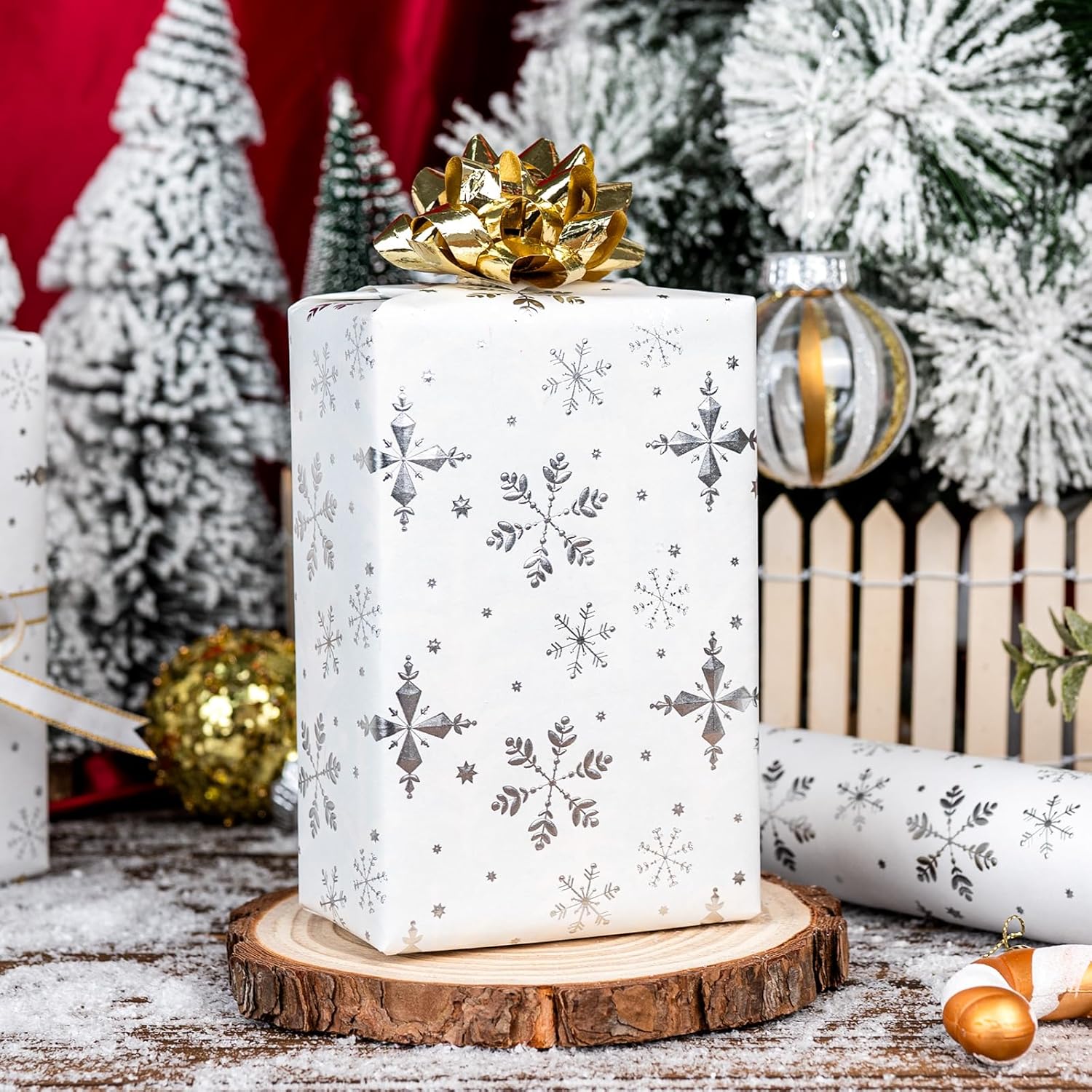 Christmas Wrapping Paper Roll - 3D Embossed Silver Foil Metallic Shine Snowfalkes Gift Wrap For Christmas, Winter Holiday, New Year Celebration - Mini Roll - 17 Inch X 33 Feet