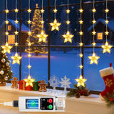 Rechargeable Christmas Star Window Lights, Ip65 Waterproof 76 Leds Star Curtain Lights With 12 Modes 3 Timer Modes, Warm