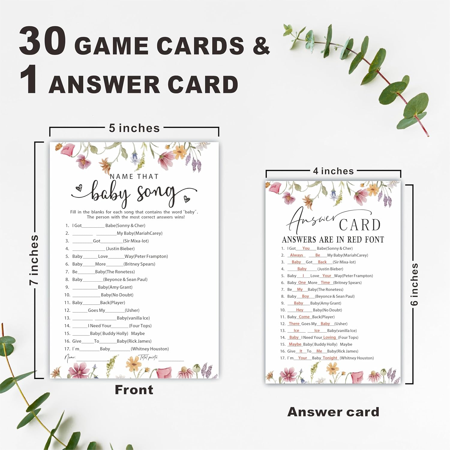 Baby Shower Party Games- Floral Watercolor Flower-Name That Baby Song Game For Guest-30 Game Card & 1 Answer Card-Wishes For Baby-Baby Announcement Gender Reveal Game Card 11
