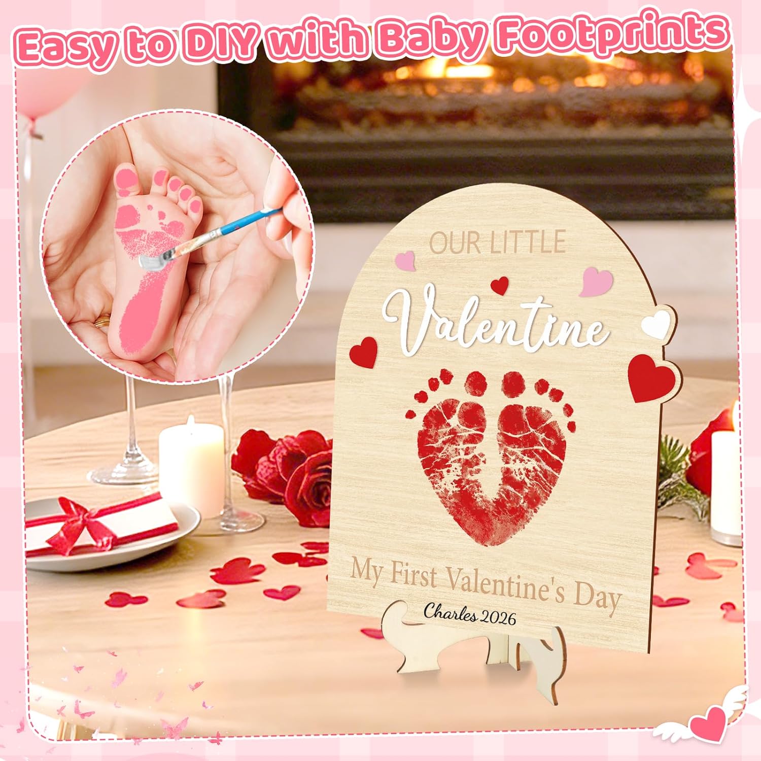Baby'S First Valentine'S Day Diy Footprint Art Card, Our Little Valentine Wood Sign Milestone Keepsake Ornaments For Baby Shower Newborn Photoshoot Prop (Word)