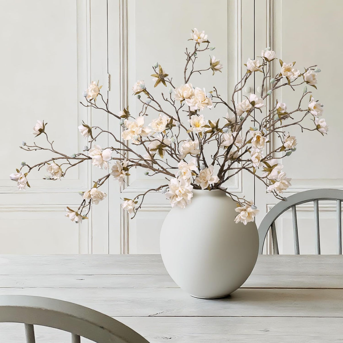 3Pcs Artificial Magnolia Flowers Stems For Spring Decoration, Faux Champagne Magnolia Branches With Buds, 34.5" Long Stems Floral Arrangement For Vase Pot Table Centerpiece Indoor Decor