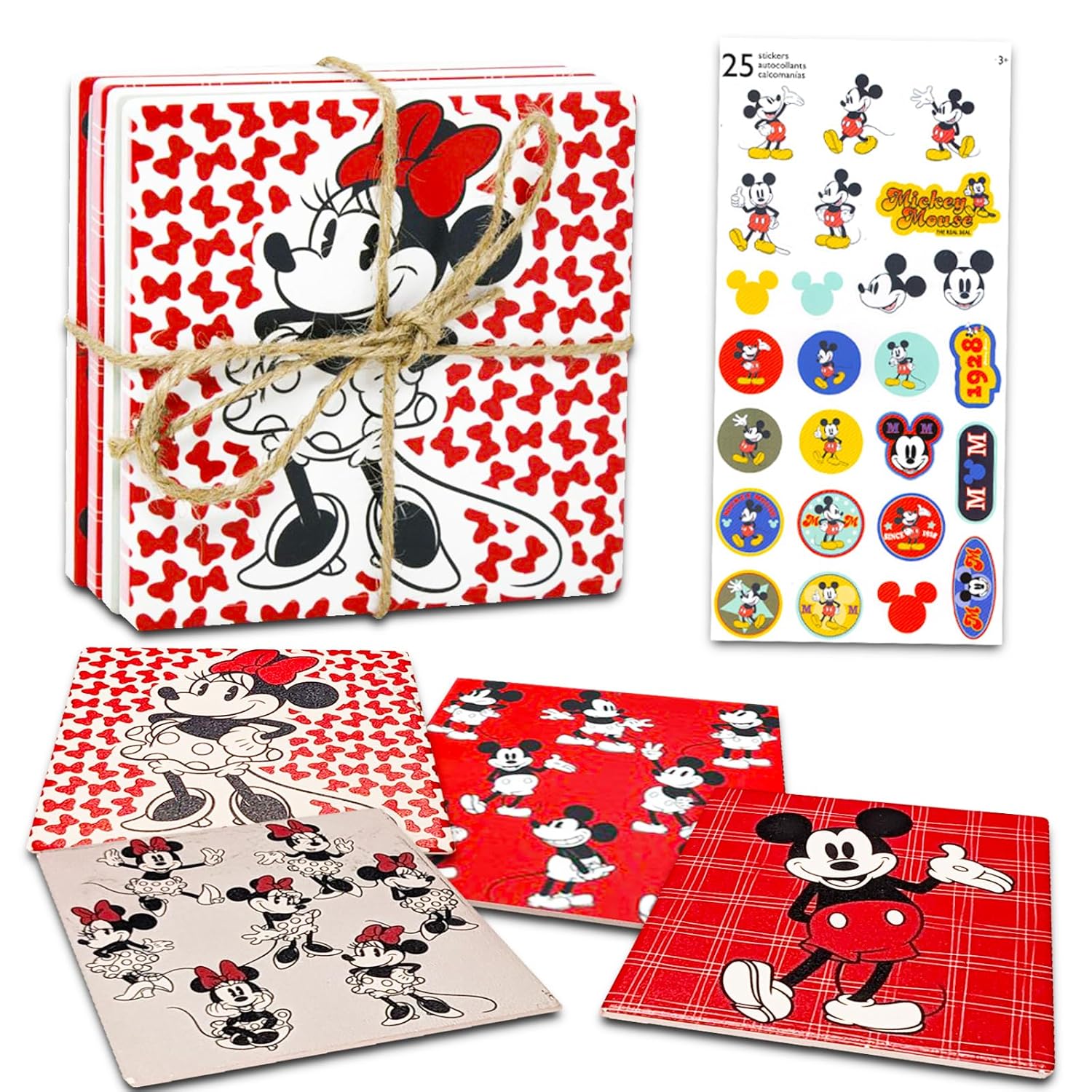 Mickey and Minnie Coaster Set - Disney Home Decor Bundle with 4 Mickey and Minnie Coasters Plus Mickey Stickers | Disney Coasters for Coffee Table