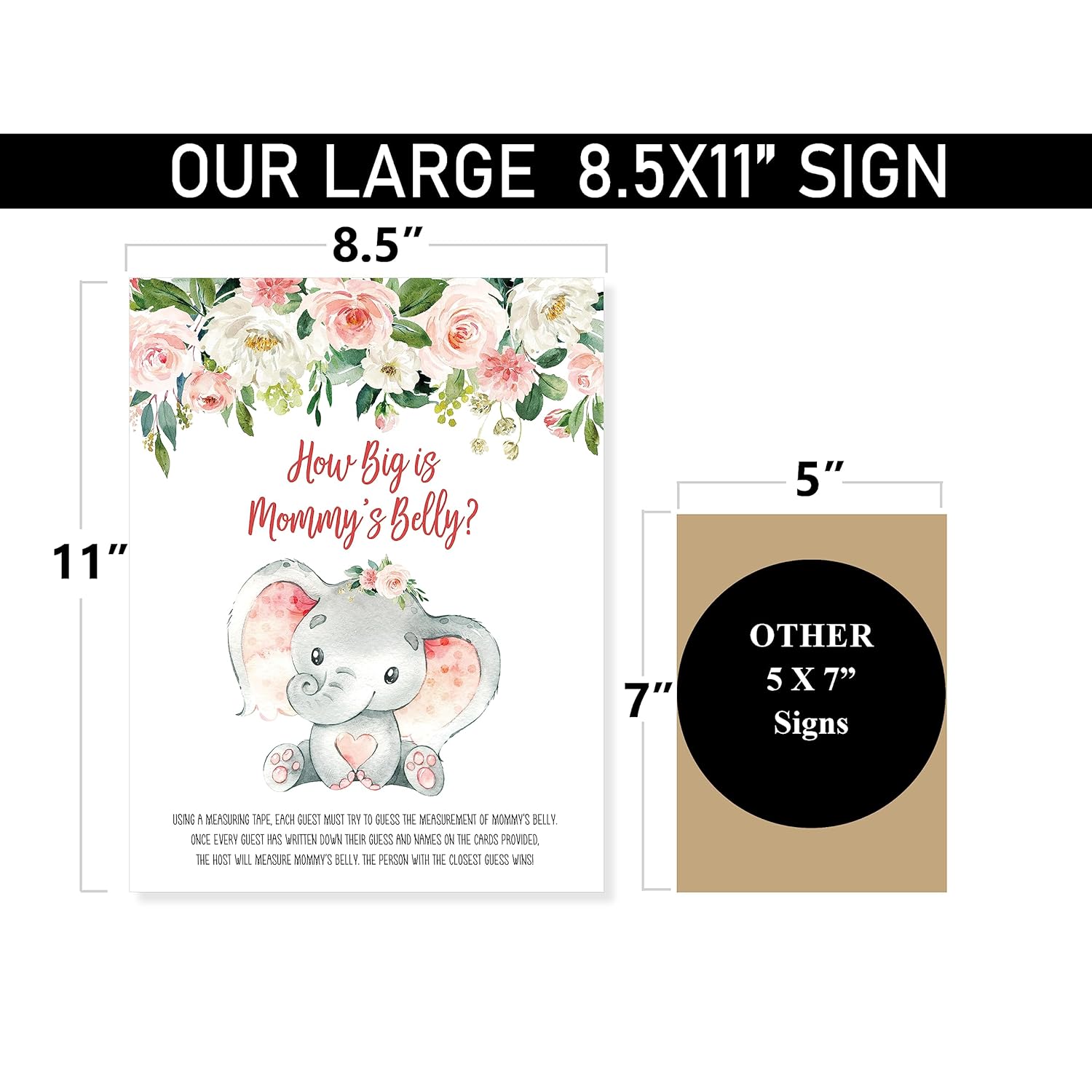 How Big Is Mommy'S Belly - Pink Elephant (54 Pieces) Fun, Easy Girl Baby Shower Game, Large Self-Standing Game Sign, Jungle, Safari, Greenery, Boho