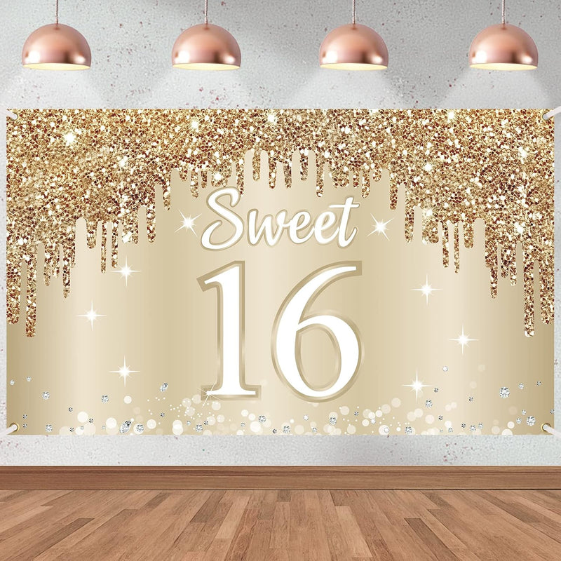 Happy Sweet 16Th Birthday Banner Backdrop Decorations For Girls, Gold