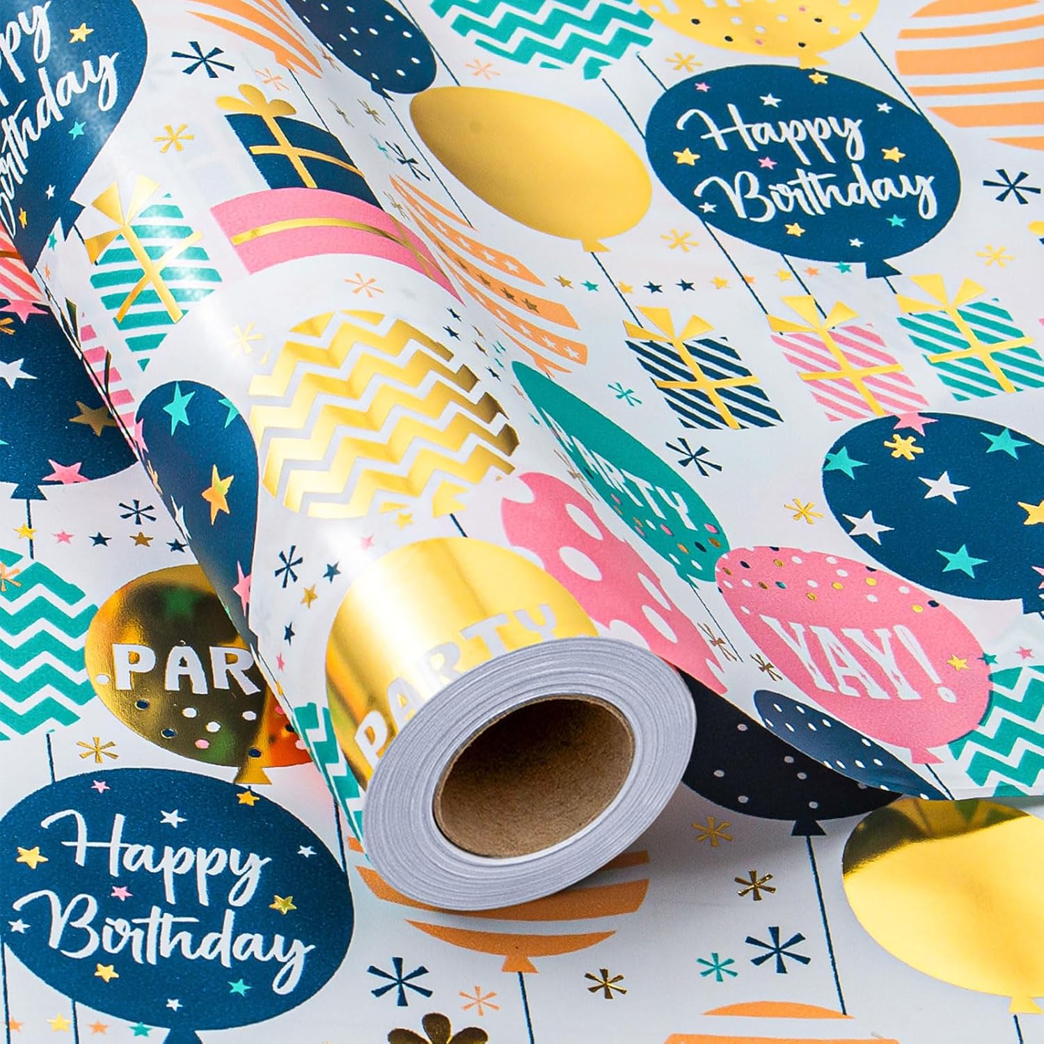 Birthday Wrapping Paper Roll - Cute Colorful Balloon With Gold Foil Metallic Shine Gift Wrap Paper For Birthday, Baby Shower, Party - Mini Roll - 17 Inch X 33 Feet