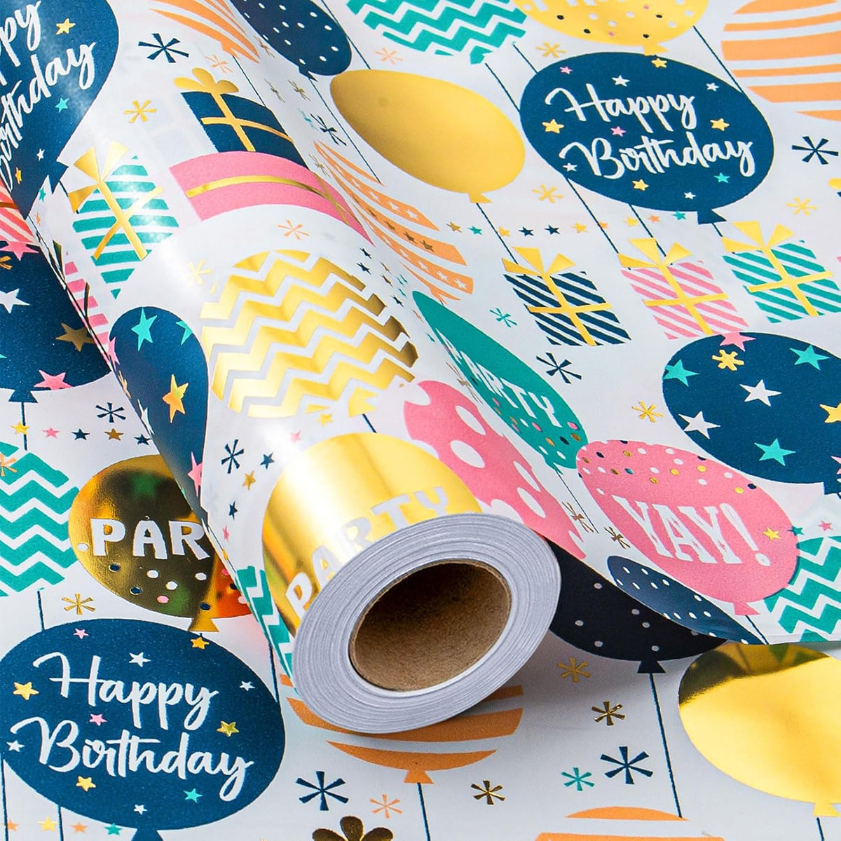 Birthday Wrapping Paper Roll - Cute Colorful Balloon With Gold Foil Metallic Shine Gift Wrap Paper For Birthday, Baby Shower, Party - Mini Roll - 17 Inch X 33 Feet