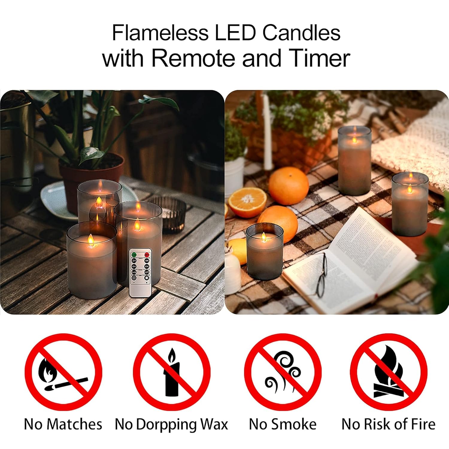 Gray Glass Flameless Candles, Realistic Flickering Led Candles With Remote Control And Timer, Battery Operated Pillar Candle For Party Wedding Christmas Decor, Set Of 3