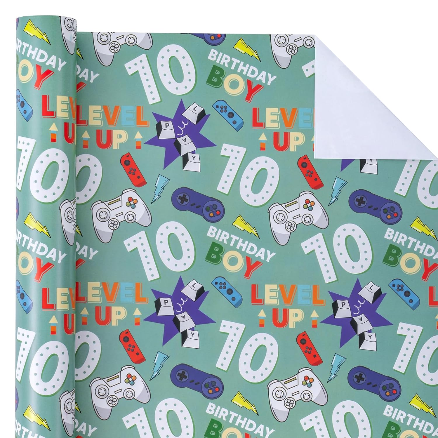10Th Birthday Wrapping Paper Roll - Mini Roll - 17 Inch X 16.5 Feet - Gaming Boys Happy Birthday Wrapping Paper For Boys, Game Lover, Party, Holiday