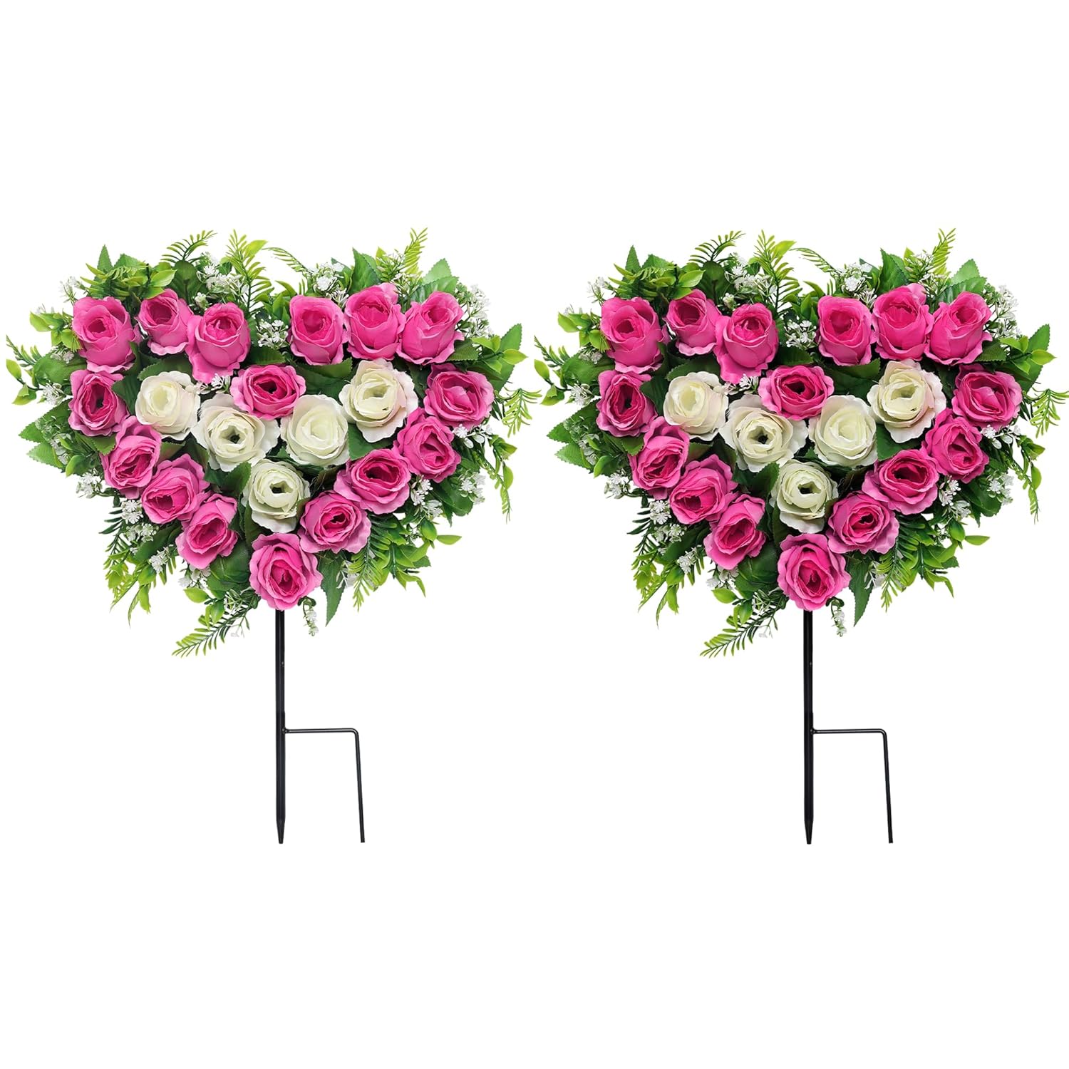 2 Sets Artificial Cemetery Flowers, Grave Memorial Flowers With Ground Spike,Heart Shaped Wreaths Rose Flowers For Artificial Rose Decoration For Cemetery Headstones Gravesites (Pink)
