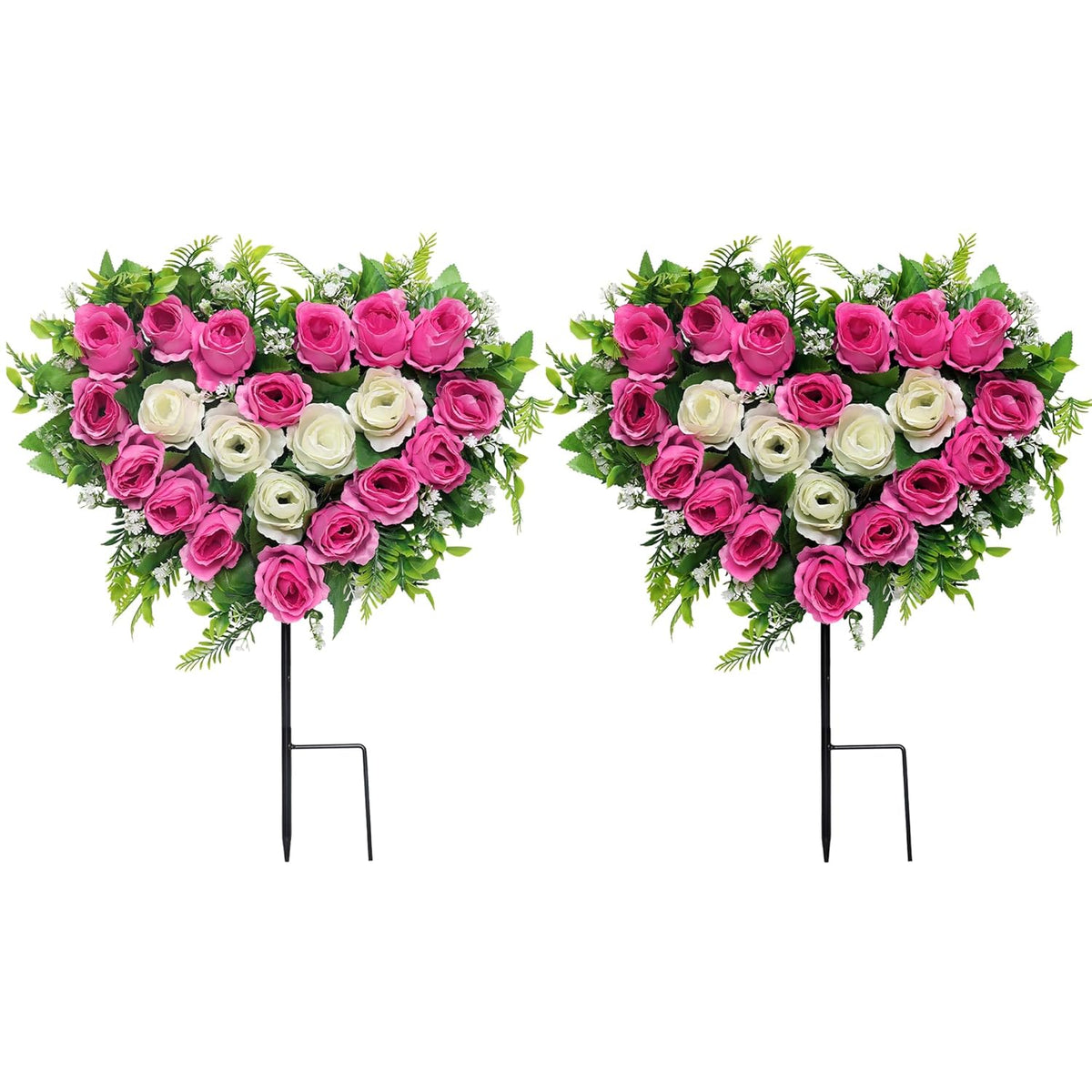 2 Sets Artificial Cemetery Flowers, Grave Memorial Flowers With Ground Spike,Heart Shaped Wreaths Rose Flowers For Artificial Rose Decoration For Cemetery Headstones Gravesites (Pink)