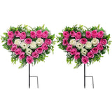 2 Sets Artificial Cemetery Flowers, Grave Memorial Flowers With Ground Spike,Heart Shaped Wreaths Rose Flowers For Artificial Rose Decoration For Cemetery Headstones Gravesites (Pink)