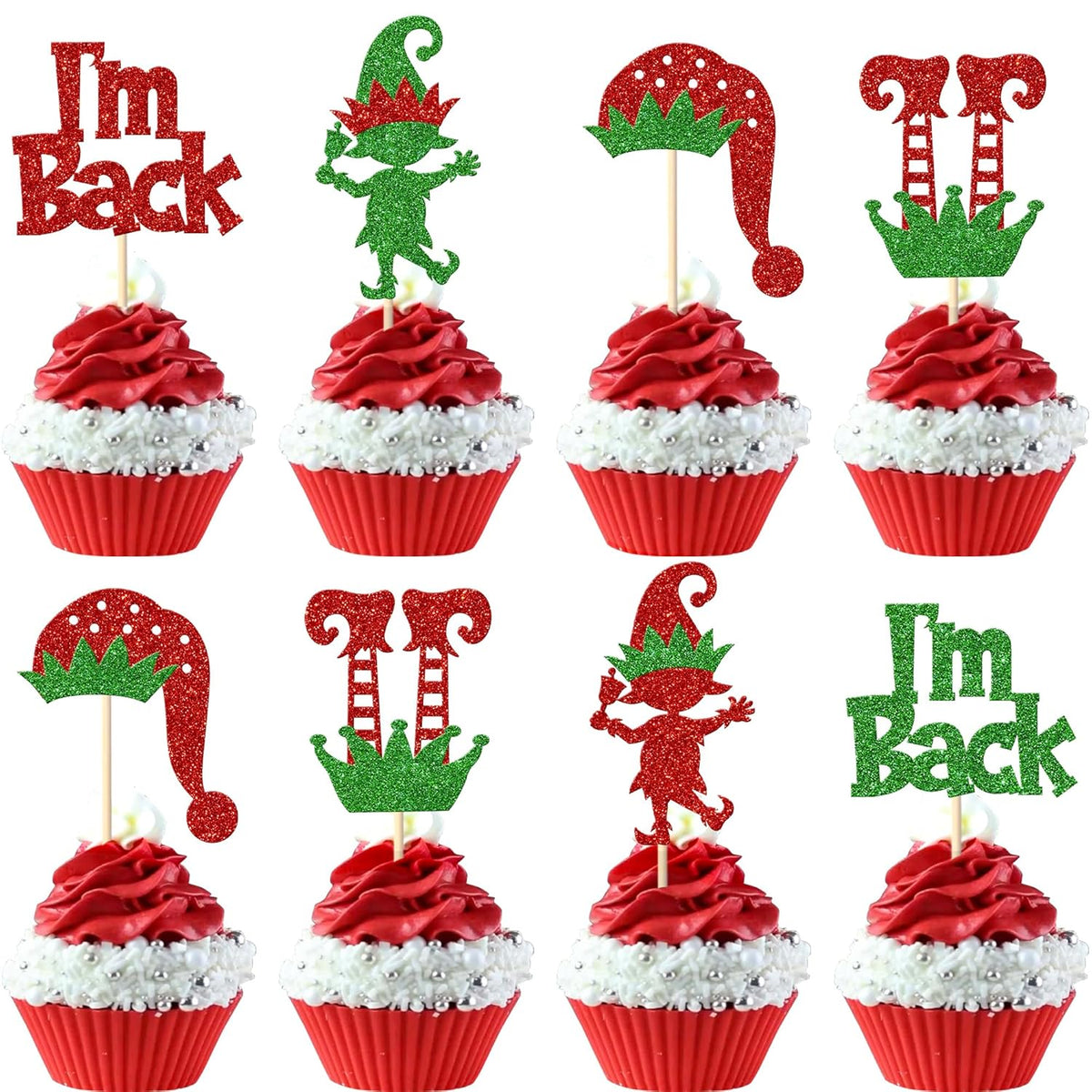 24 Pack Elf Cupcake Toppers Green Red Glitter Santa Hat I'M Back Elf Legs Christmas Cupcake Picks For Merry Christmas New Year Holiday Baby Shower Birthday Party Cake Decorations