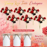3 Sets 3 Sets Valentine'S Day Table Centerpiece Artificial Roses With Fake Bouquets And Metal Pot Vase Floral Arrangements For Wedding Holiday Dining Event Table Decor (Red)