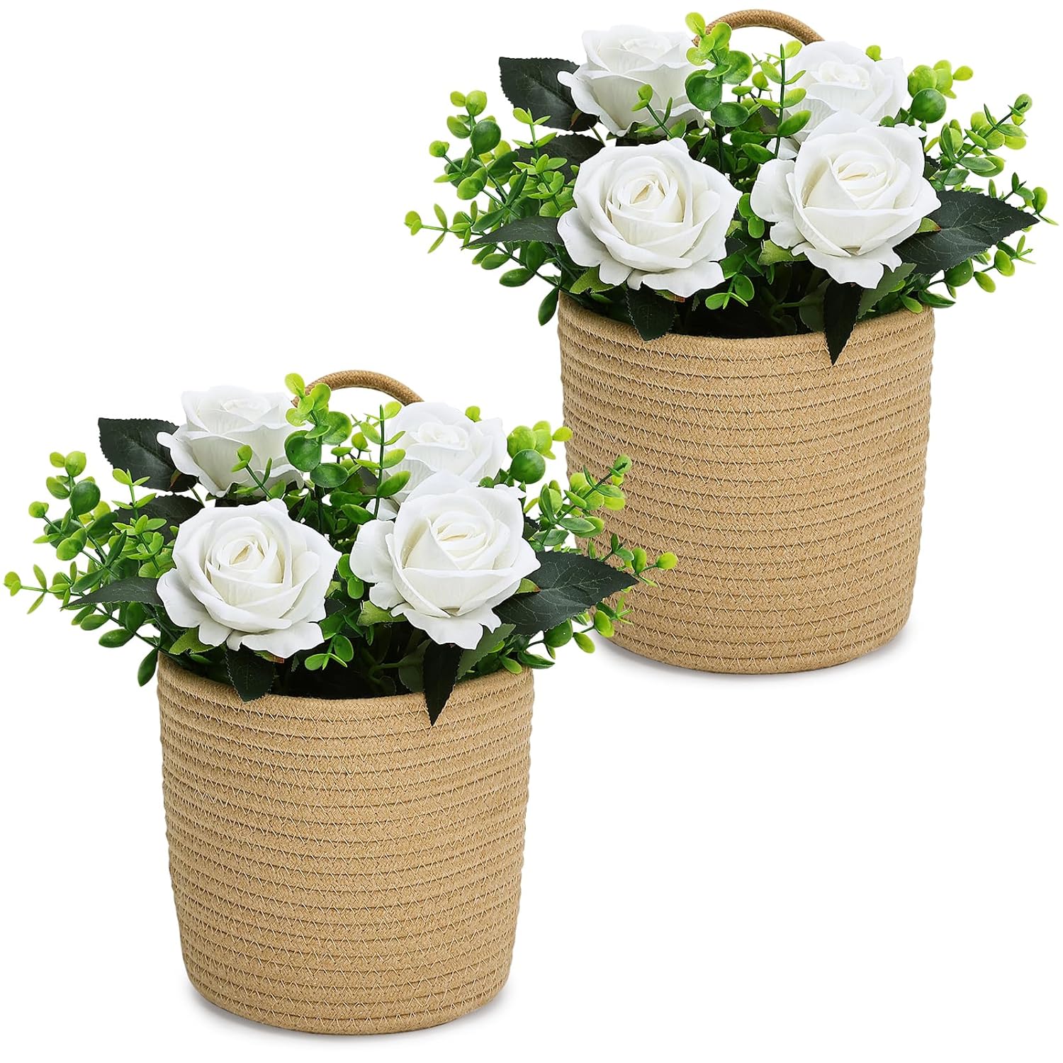 Artificial Roses Flowers With Jute Hanging Basket Pack Of 2, Faux Flannel Floral Eucalyptus Arrangement For Entryway Kitchen Bedroom Living Room Home Decorations - White