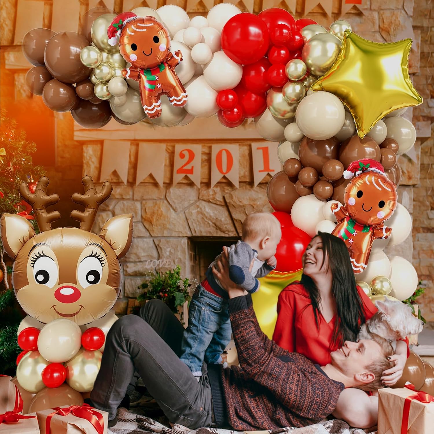Christmas Balloon Arch Garland Kit, 147Pcs Red Retro Brown Gold Sand White Latex Balloons With Reindeer Star Gingerbread Man Xmas Foil Balloons For Birthday Merry Christmas Party New Year Decorations