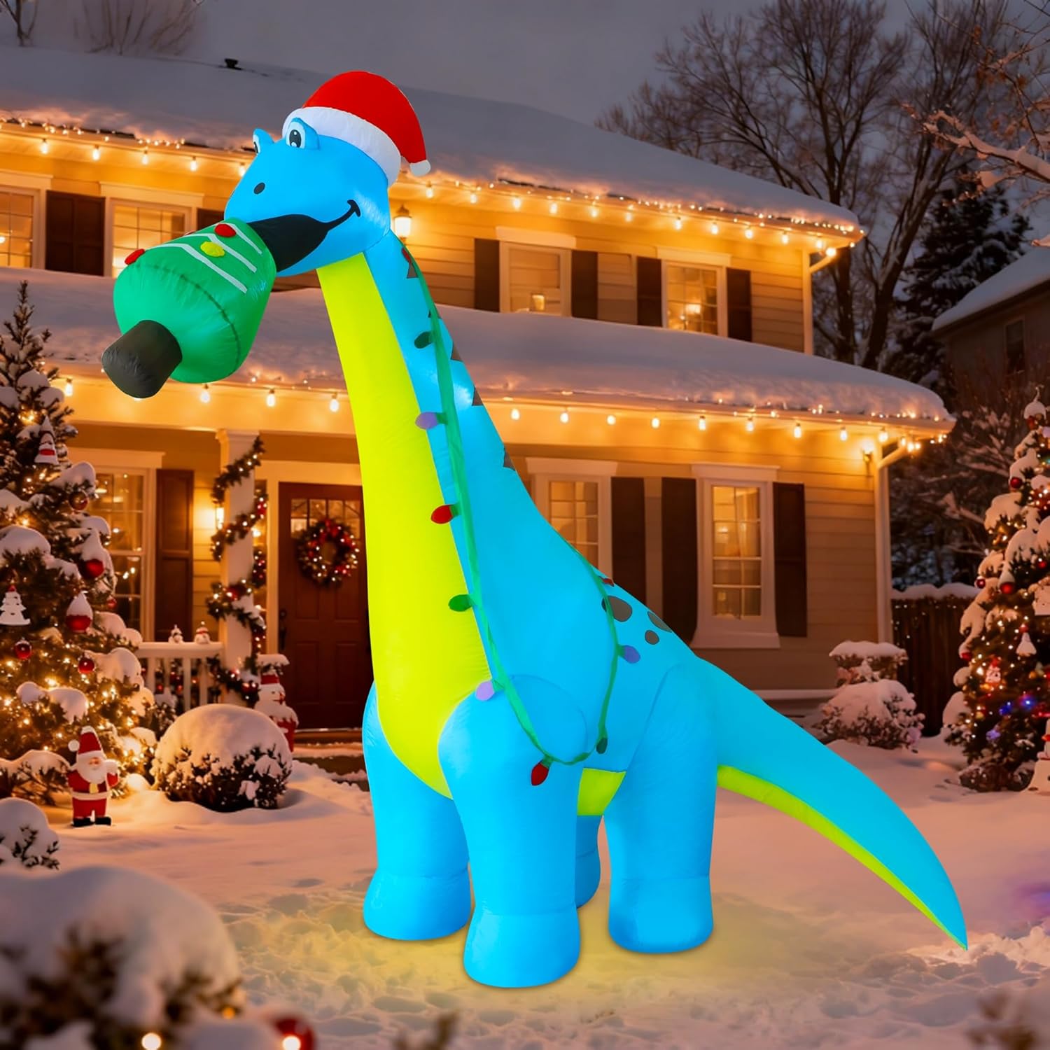 12 Ft Christmas Inflatable Outdoor Decorations, Large Blow Up Dinosaur Inflatables With Santa Hat Christmas Tree Light U
