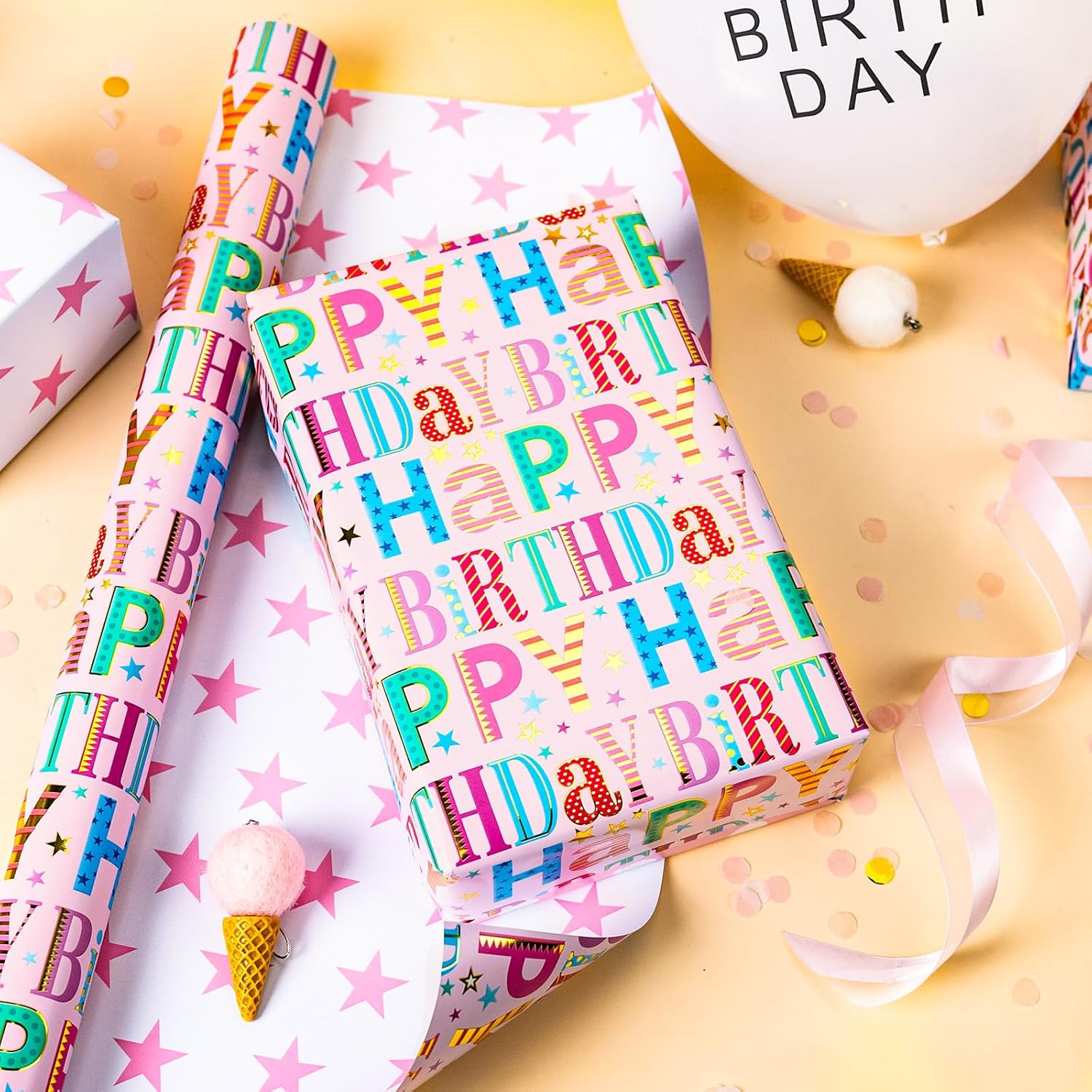 Pink Birthday Wrapping Paper Roll - Colorful Happy Birthday Letters With Metallic Foil Shine & Stars Reversible Gift Wrap For Girls Baby Shower, Party - Mini Roll - 17 Inch X 16.5 Feet